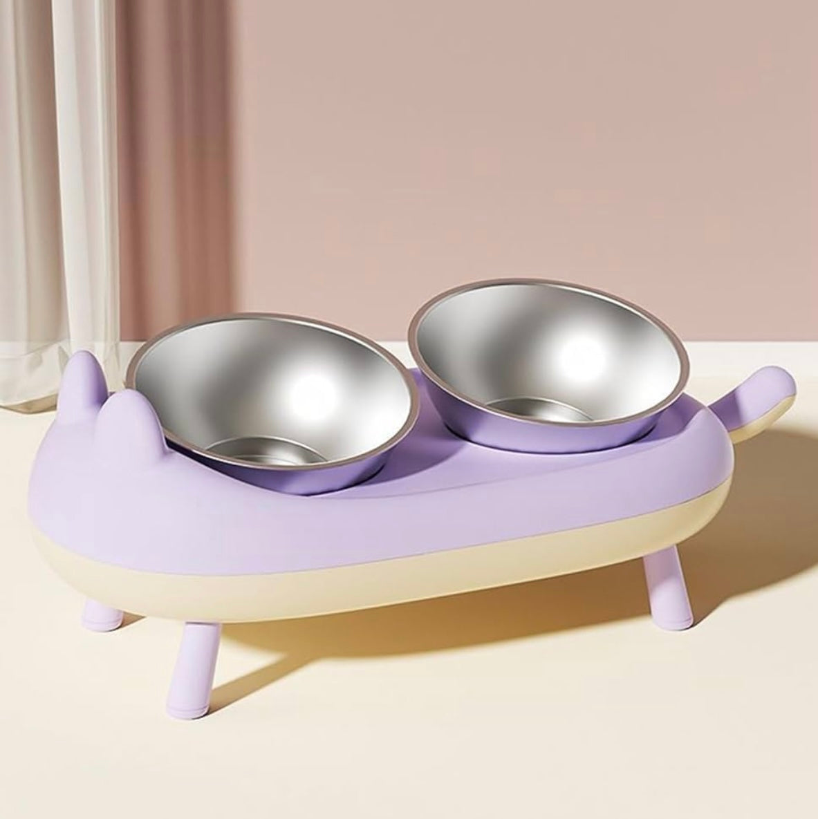 Comedero miau doble en acero inoxidable para gatos y perros pequeños