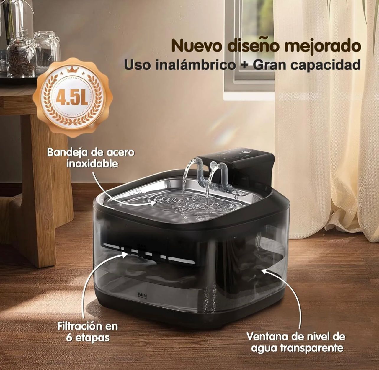 Fuente bebedero de agua automática inalámbrica con sensor de movimiento para gatos