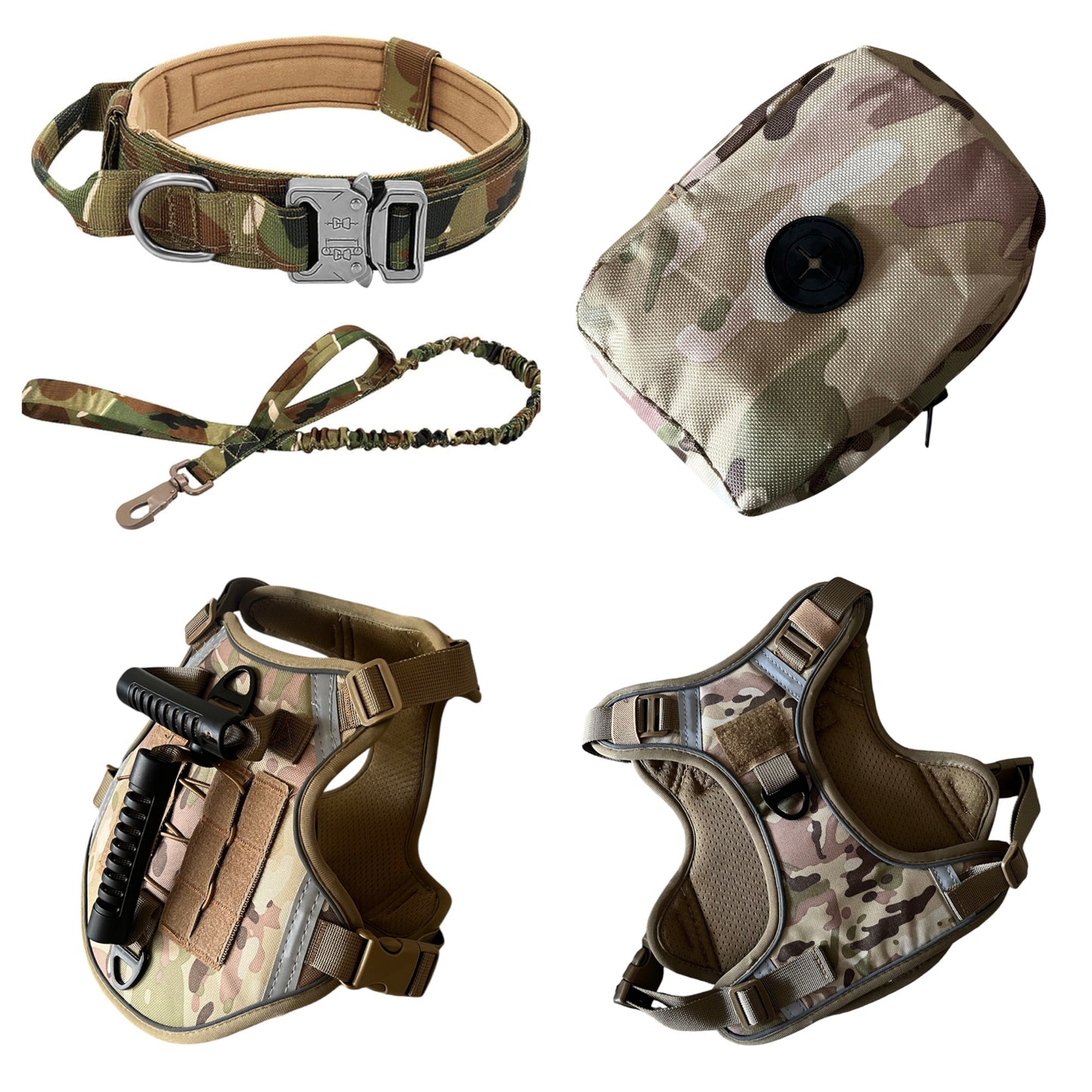 Set táctico: arnés, correa, collar y cartuchera para perros