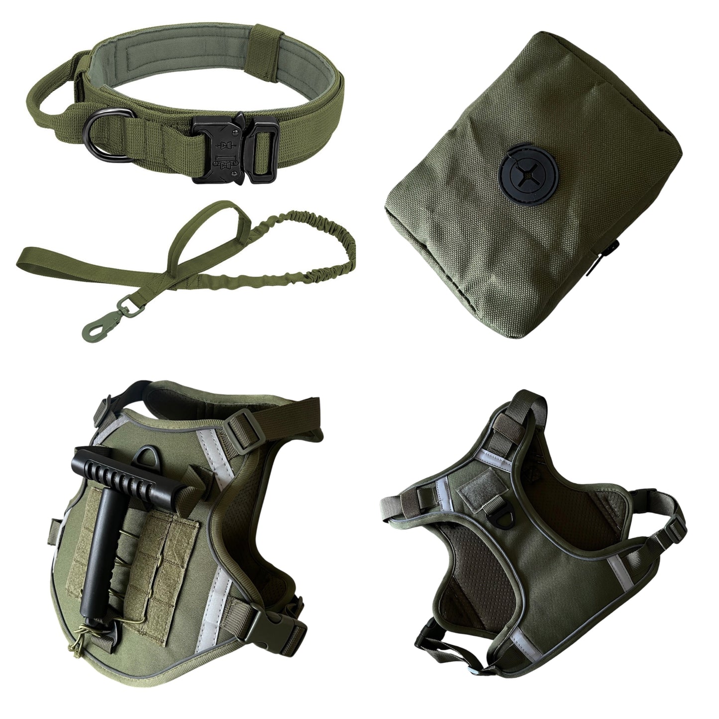 Set táctico: arnés, correa, collar y cartuchera para perros