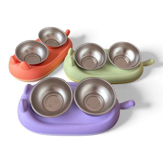 Comedero miau doble en acero inoxidable para gatos y perros pequeños