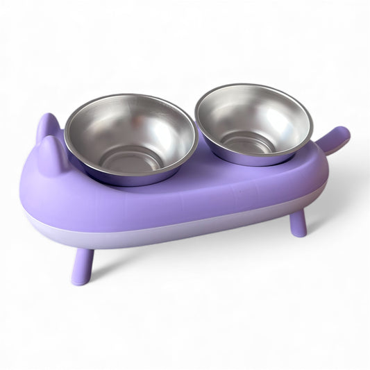 Comedero miau doble en acero inoxidable para gatos y perros pequeños
