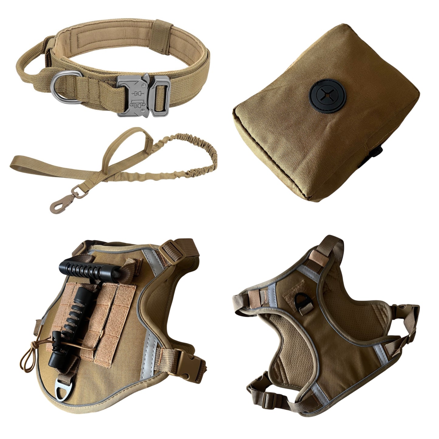 Set táctico: arnés, correa, collar y cartuchera para perros