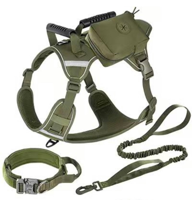 Set táctico: arnés, correa, collar y cartuchera para perros