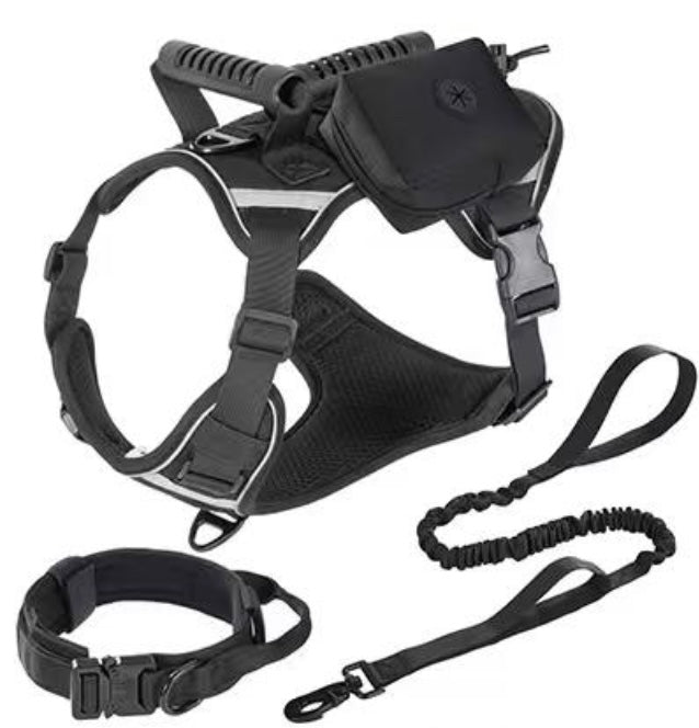 Set táctico: arnés, correa, collar y cartuchera para perros