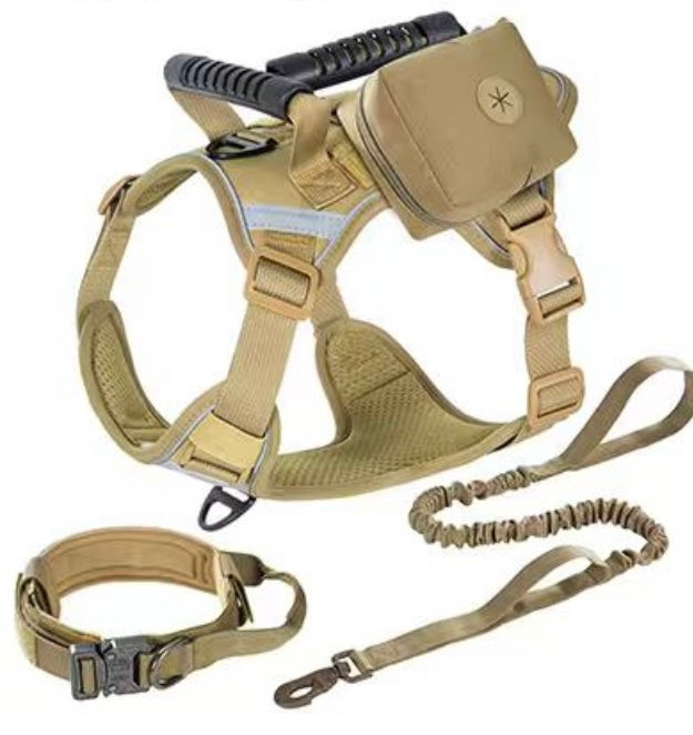 Set táctico: arnés, correa, collar y cartuchera para perros