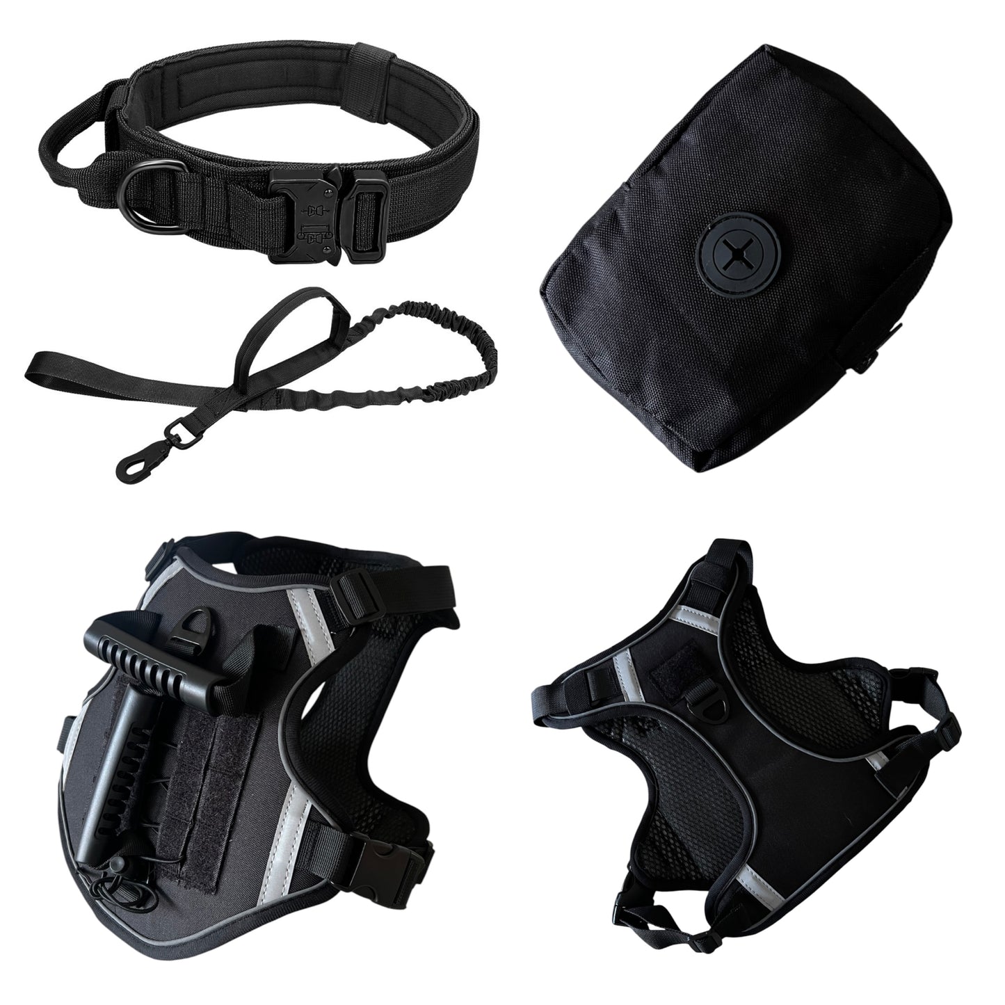 Set táctico: arnés, correa, collar y cartuchera para perros