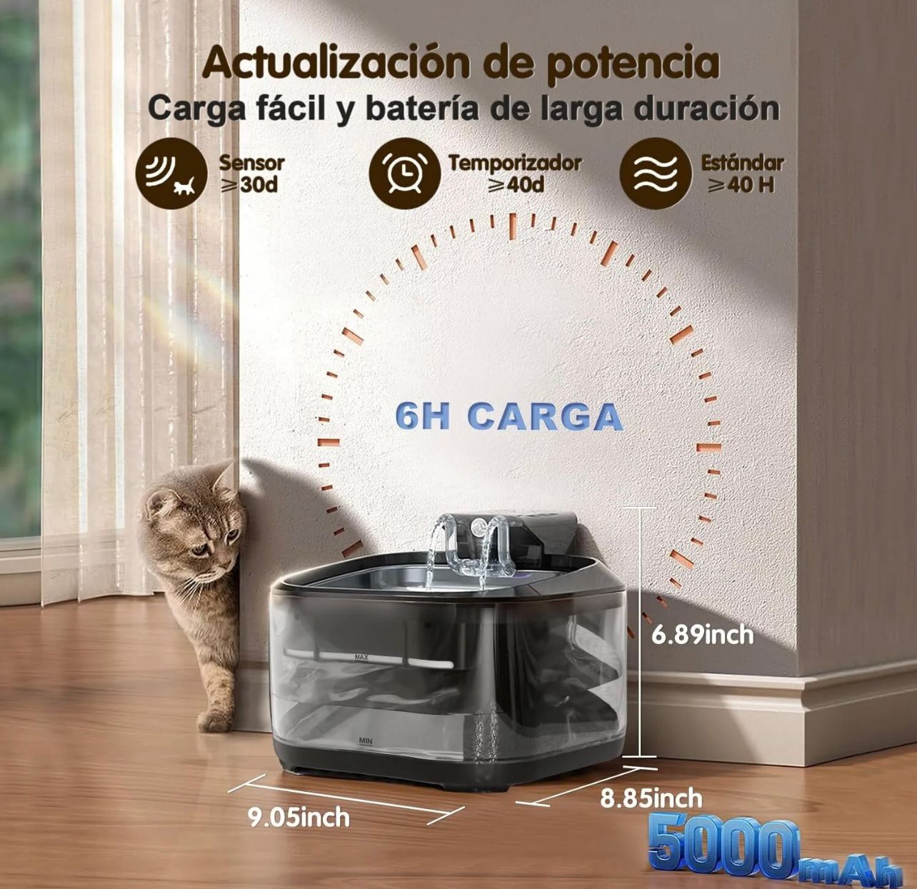 Fuente bebedero de agua  automática inalámbrica con sensor de movimiento para gatos